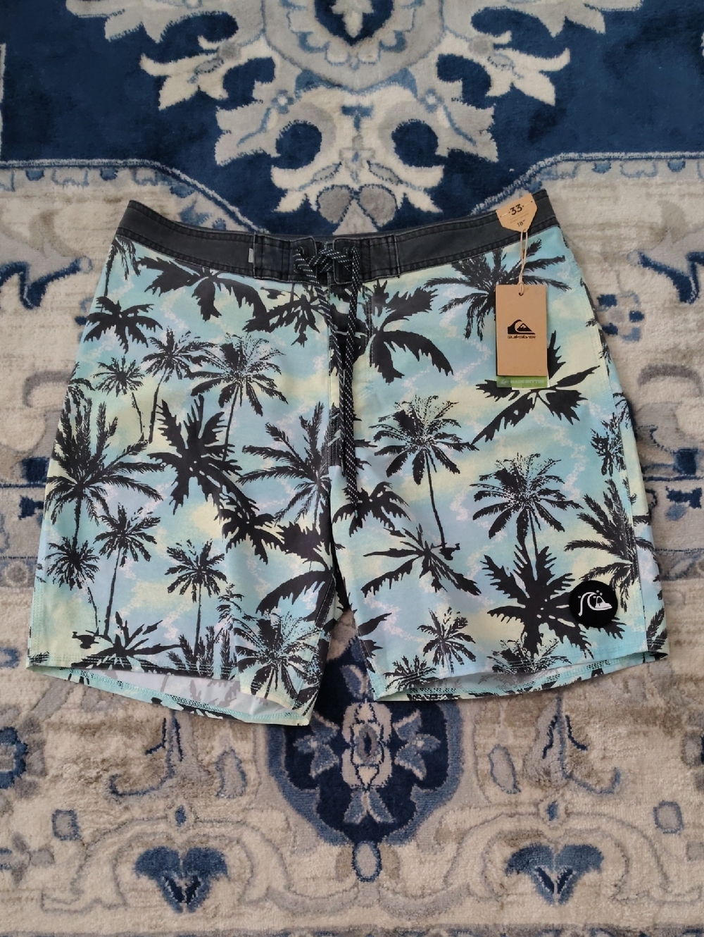 Quiksilver Men’s Black Palm-Print Board Shorts with Aqua Tie